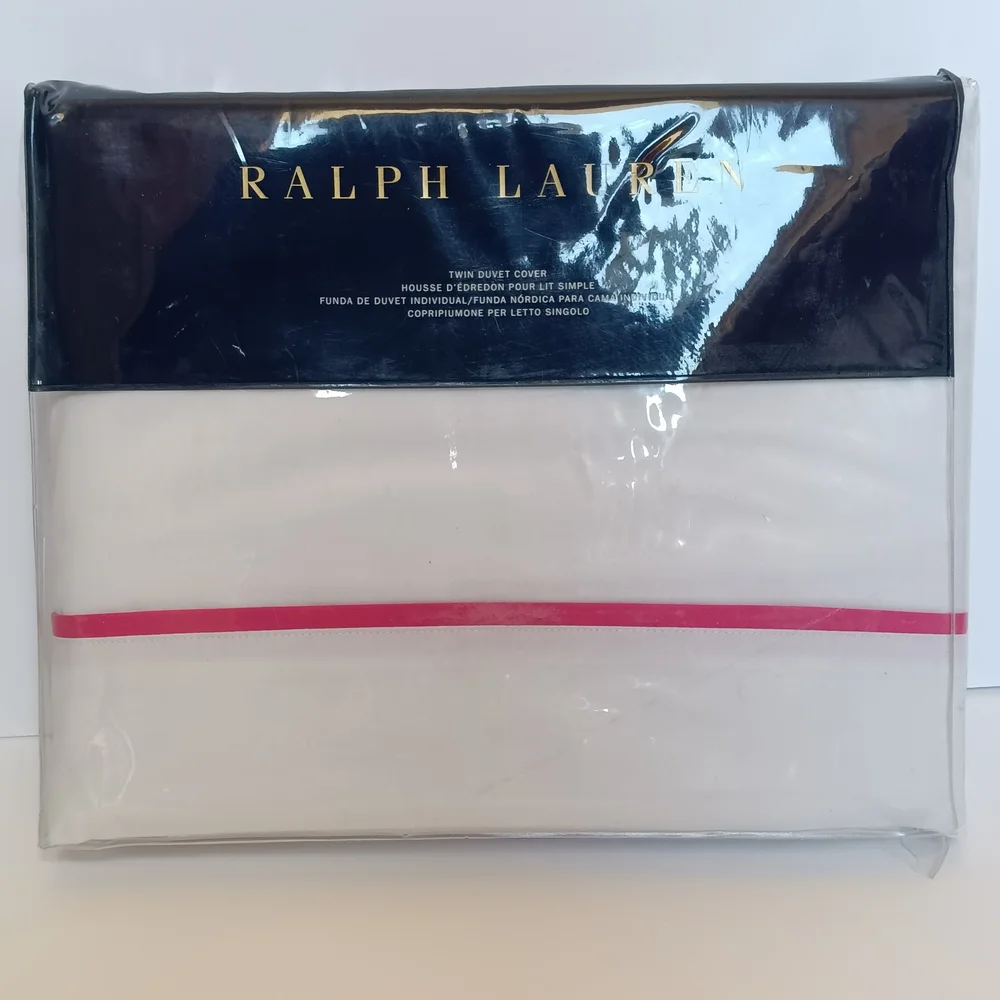 NEW Ralph Lauren TWIN Palmer Percale Duvet Cover White with Pink Trim